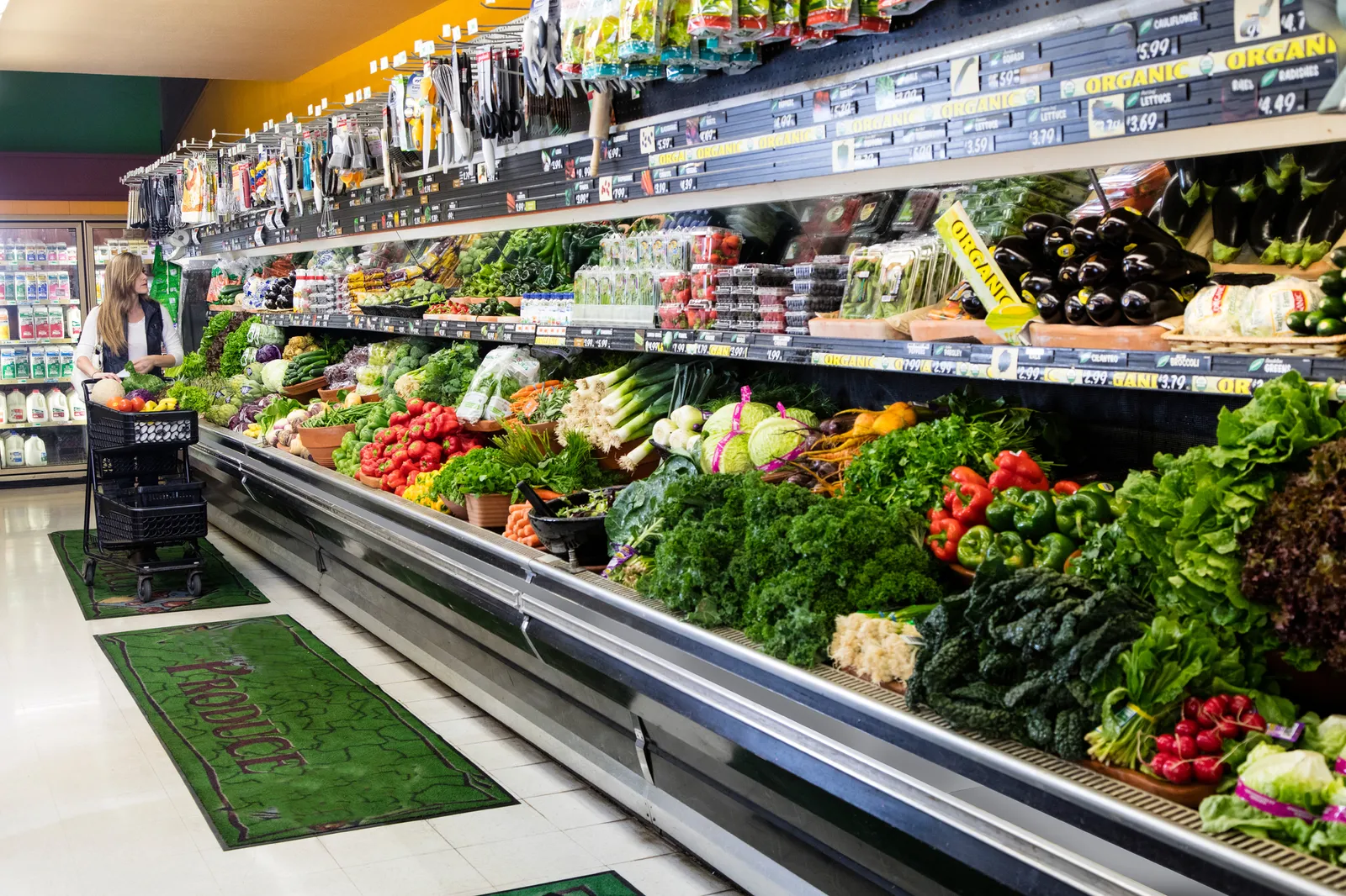 Person with a cart shopping in a grocery store's produce section.