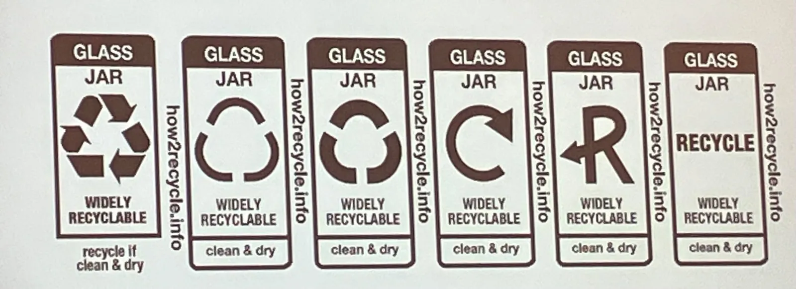 A horizontal lineup of six possible recycling icons that How2Recycle sought feedback on from a sample of consumers and packaging sustainability professionals