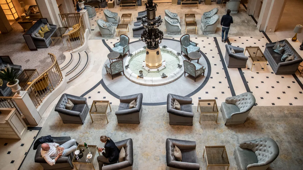 A bird's eye view of a hotel lobby.