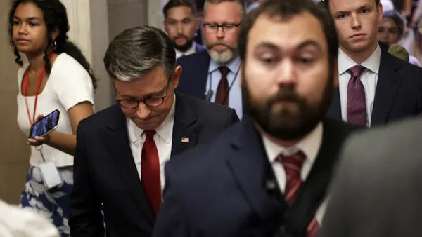 Speaker of the House Mike Johnson, R-L.A., walks back to his office from the House chamber at the U.S. Capitol on July 3.