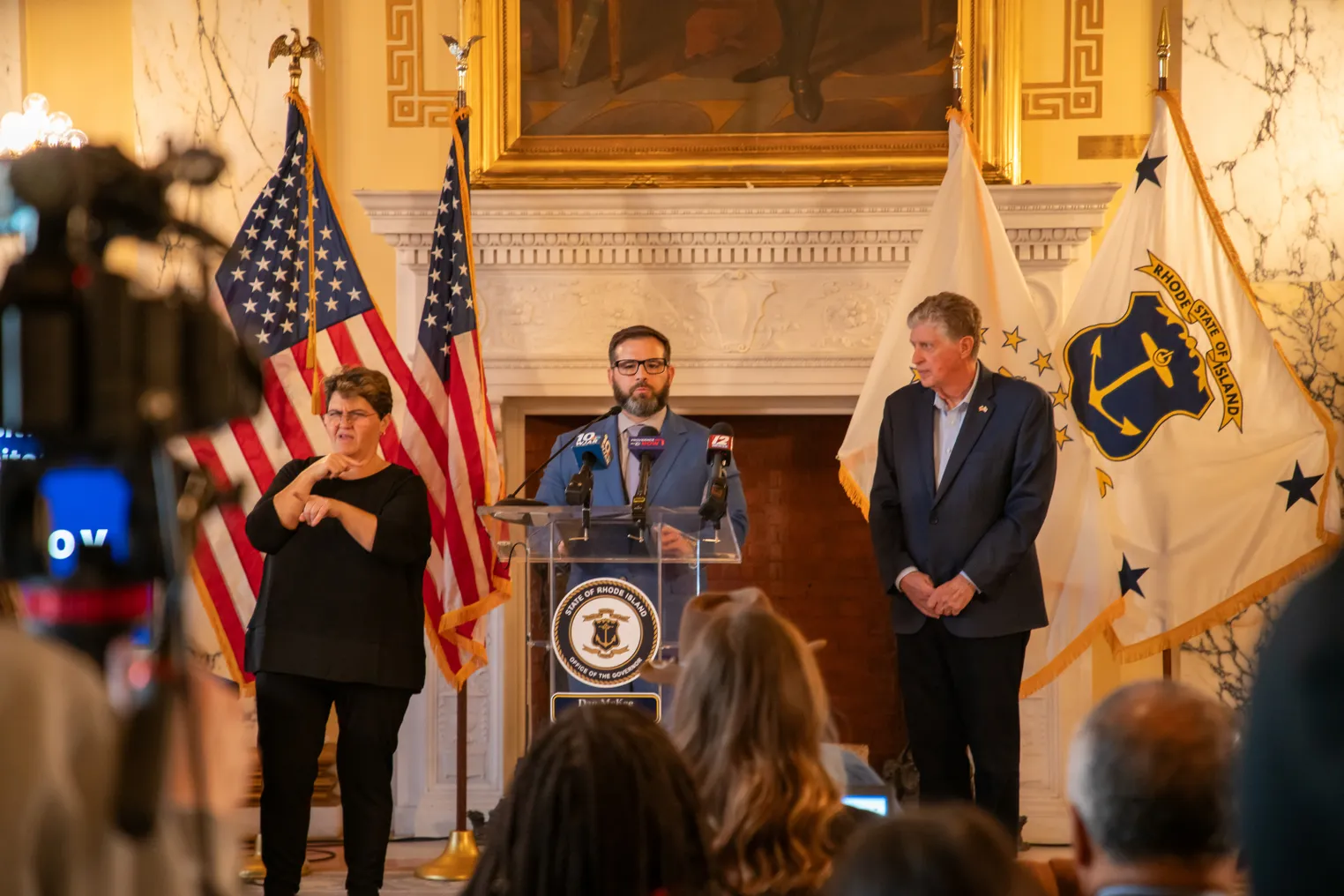 Rhode Island Chief Digital Officer Brian Tardiff and Gov. Dan McKee speak at a Dec. 30 press briefing on the cyberattack against the RIBridges social services database. The officials held a Jan. 10 briefing to notify thousands of recipients that breach notification letters were being mailed out.