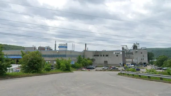 A street view of Rayonier Advanced Materials pulp and paperboard mill campus in Témiscaming, Quebec.