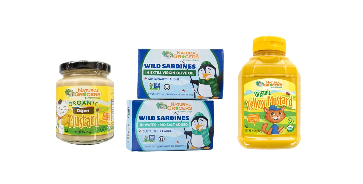 Two mustard jars and two packages of wild sardines