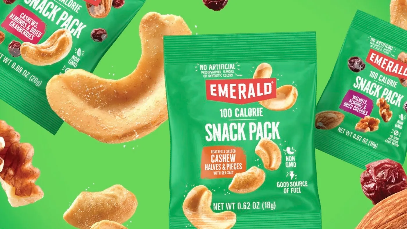 A pack of Emerald Nuts is on display.