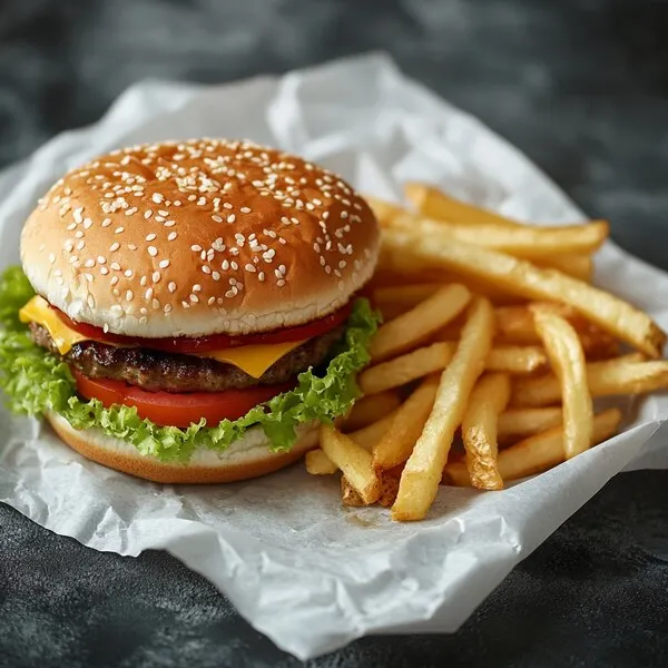 A hamburger and fries sit on a white food service wrapper.