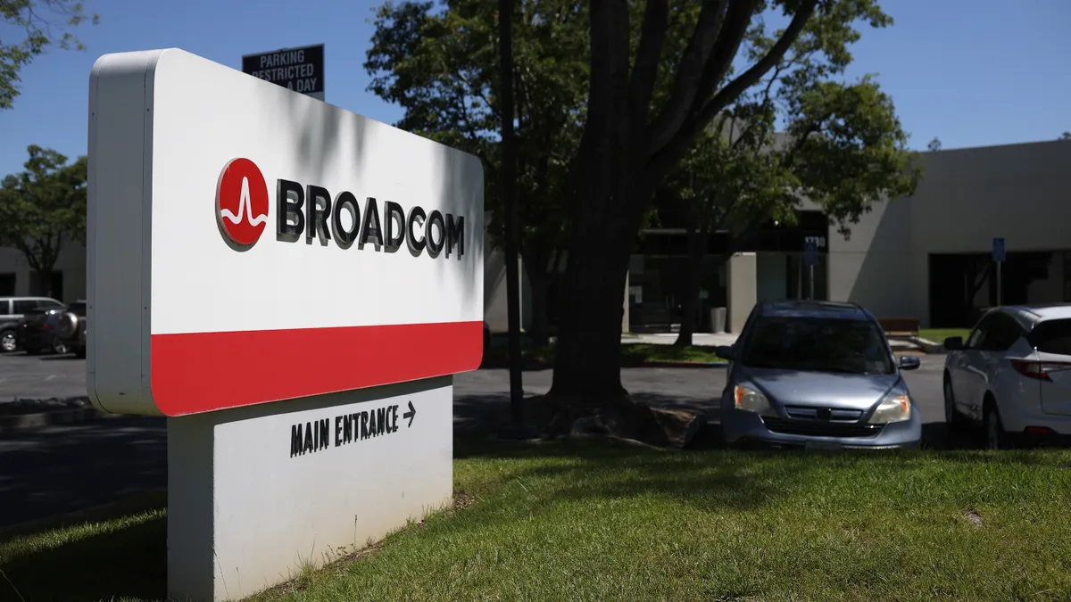 A sign is posted in front of a Broadcom office on June 03, 2021 in San Jose, California.