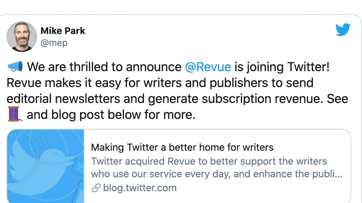 Twitter Acquires Revue - tweet