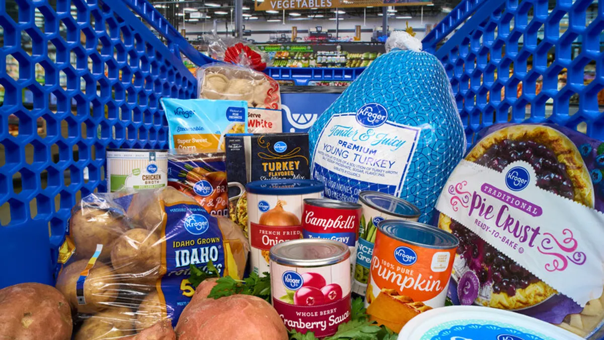 Thanksgiving meal ingredients in a shopping cart.