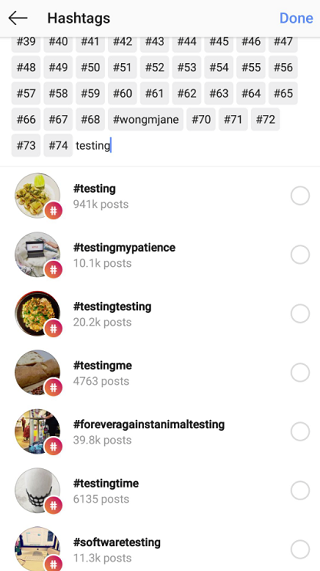 A screenshot of Instagram's hashtag test