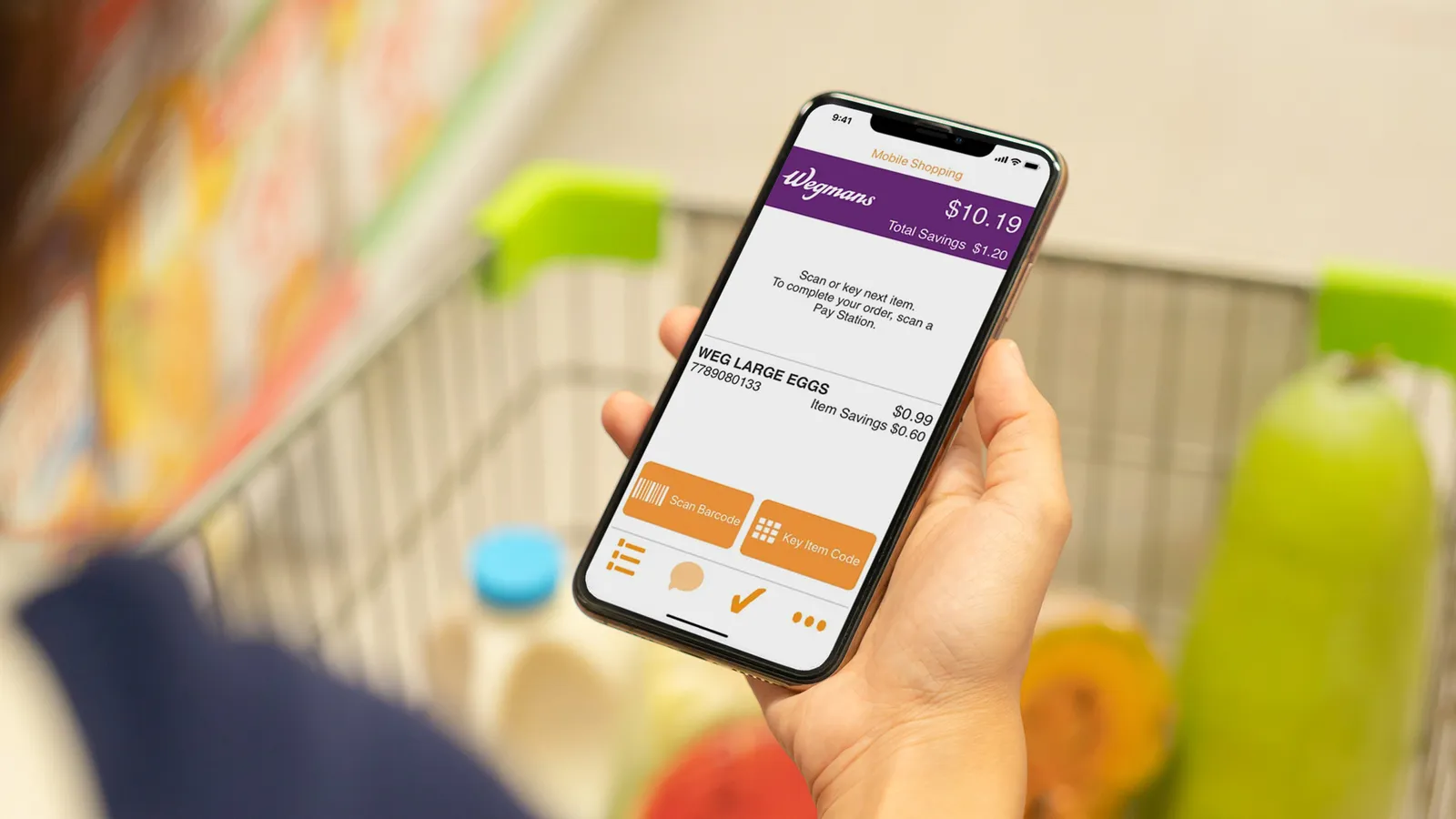 Hand holding a phone with the Wegmans Scan App open.