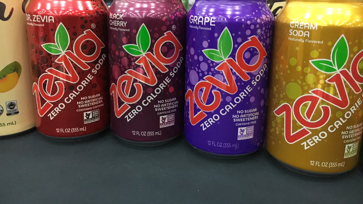 Cans of Zevia stevia-sweetened soda.