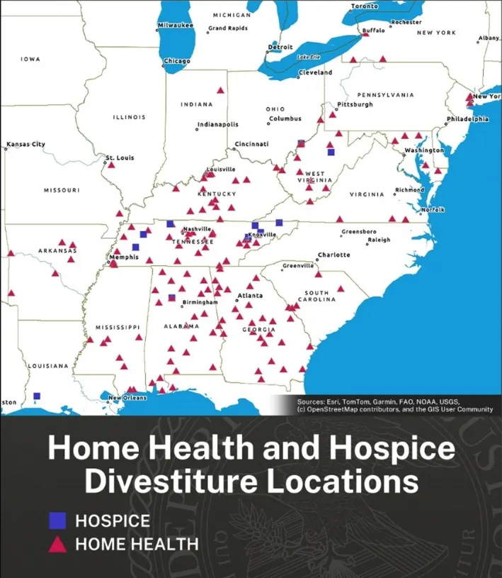 A map of the U.S. showing the location of home health and hospice businesses that UnitedHealth and Amedisys will divest.