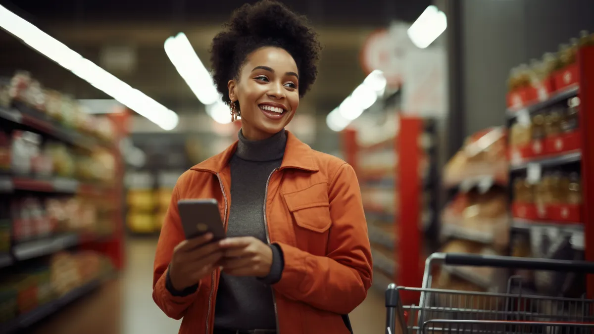 Person in grocery store holding phone up