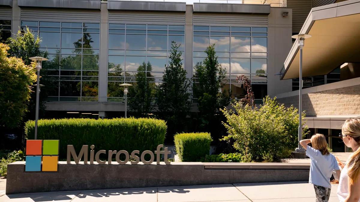 The Microsoft logo is displayed in front of the company's headquarters on July 3, 2024 in Redmond, Washington.