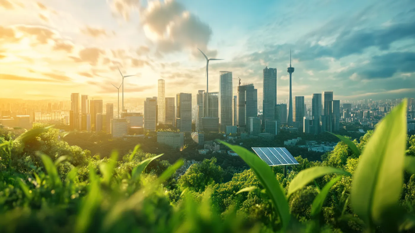 A city skyline with modern skyscrapers and wind turbines at sunrise. Foreground features lush greenery and a solar panel, symbolizing sustainability.