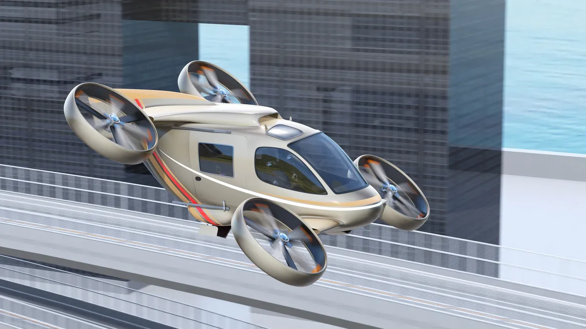 Rendering of futuristic flying car