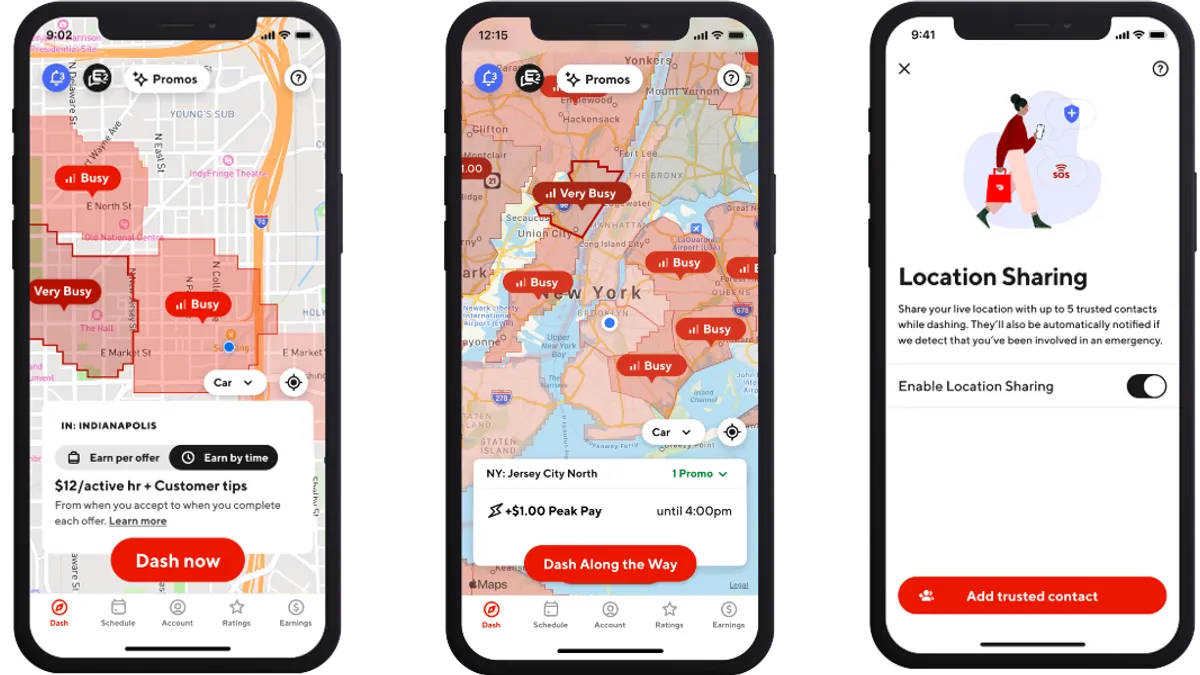 Screenshots of DoorDash's updated Dasher features