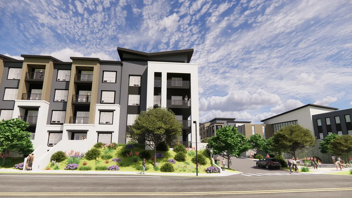 Multi-colored, modern mid-rise apartments.