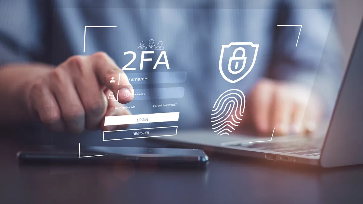 man authenticating with a fingerprint on screen with 2FA label