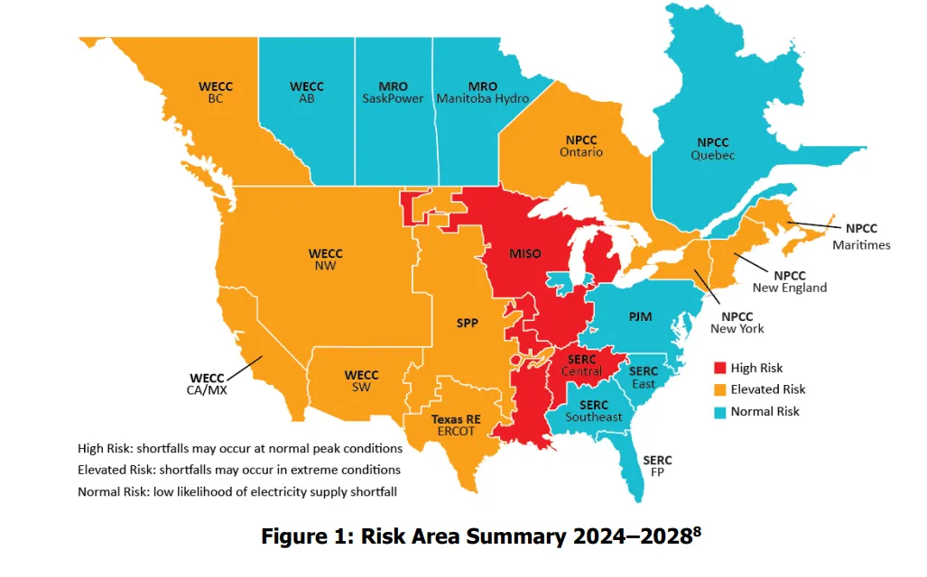 A map of North America showing most regions face some risk of blackouts in either extreme weather or normal operating conditions.