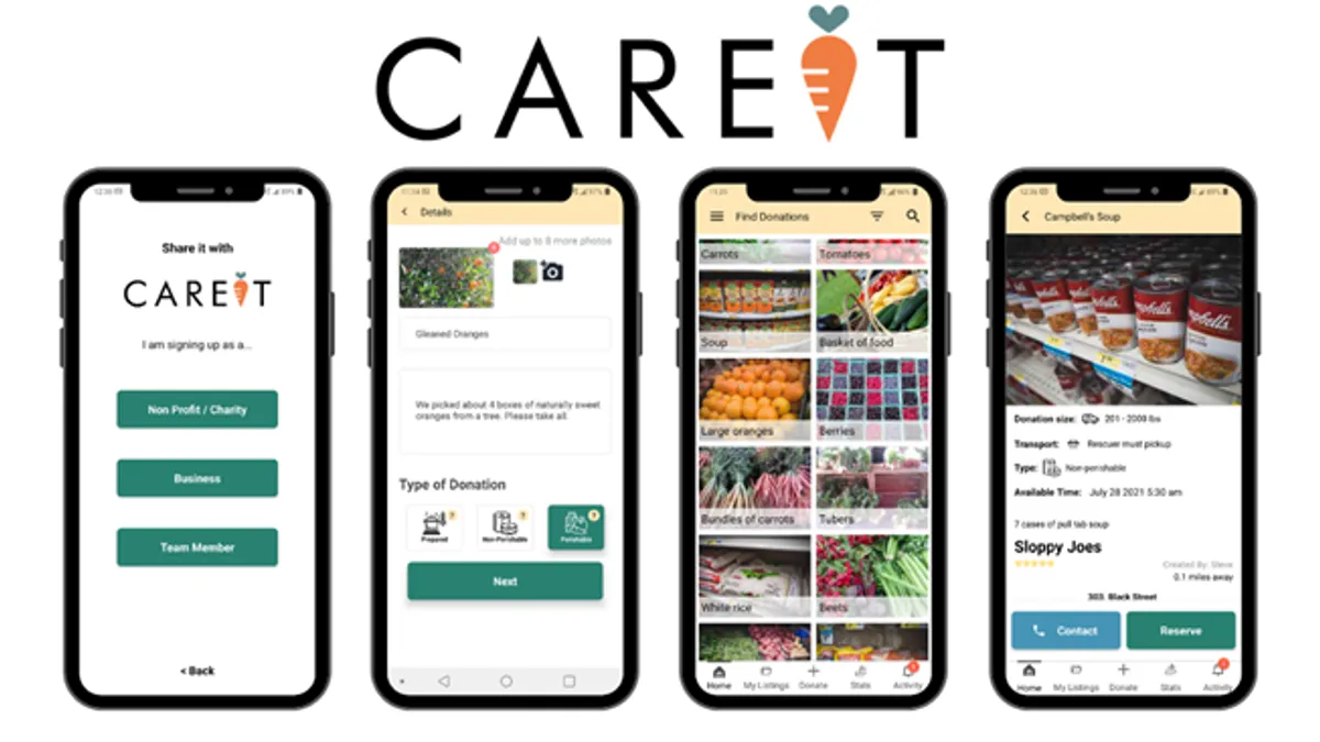 Four images of an app on a smartphone below the Careit logo