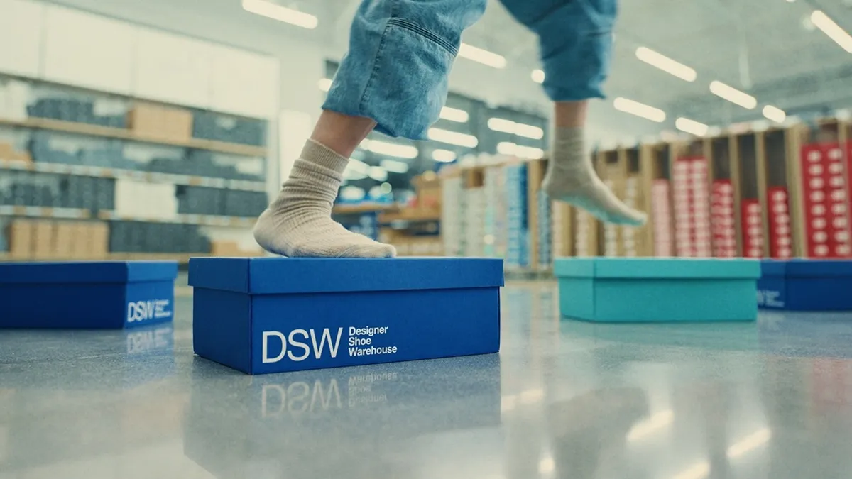Feet on shoeboxes in a DSW Designer Shoe Warehouse ad