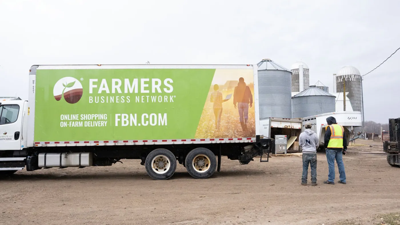 A Farmers Business Network truck makes a delivery.