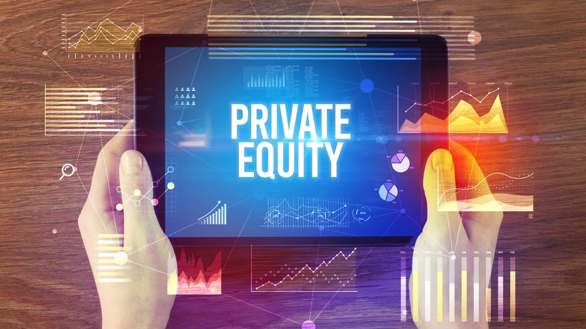 A Close-up of hands holding tablet displaying text that says "private equity."