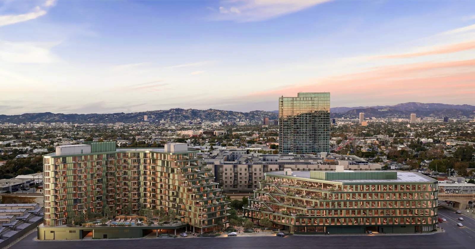 A rendering of two trapezoidal buildings.