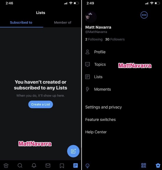 Twitter Lists and Topics options