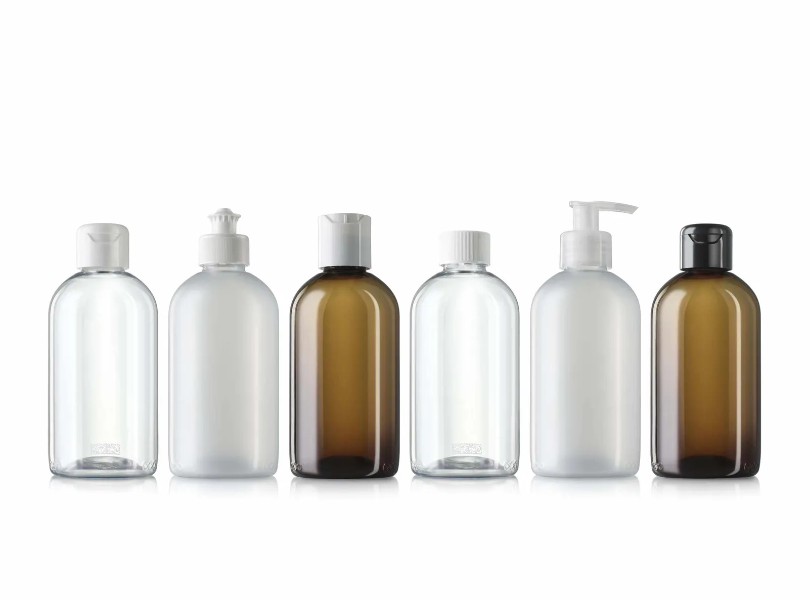 Six plastic bottles for cosmetics in clear, milky white and brown colors.