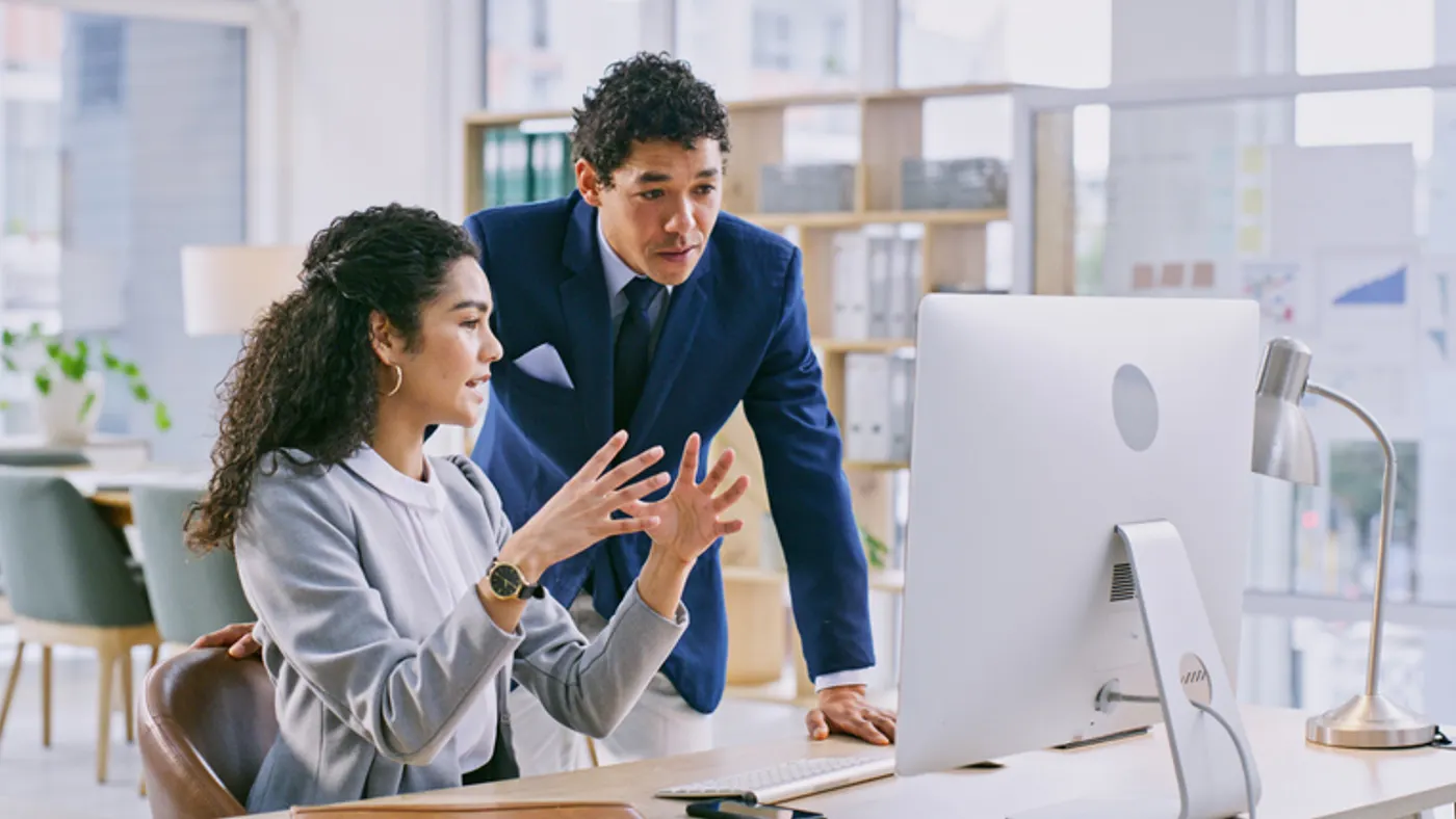 Computer, discussion and business people in the office for law project in collaboration.