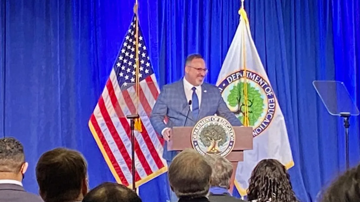 U.S. Education Secretary Miguel Cardona speaks about his vision for education in America at an address Jan. 27, 2022 in Washington, D.C.