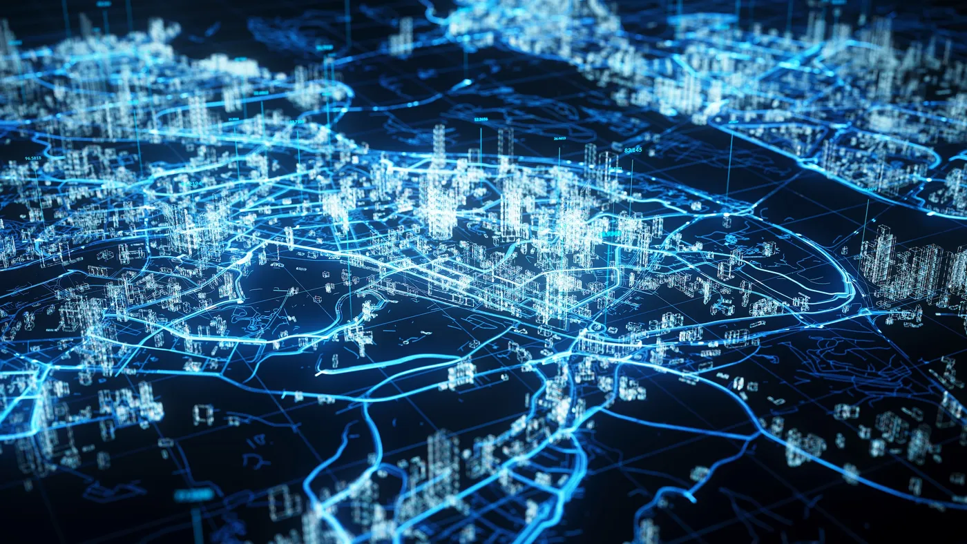 Blue computer image of cities with lines connecting buildings.