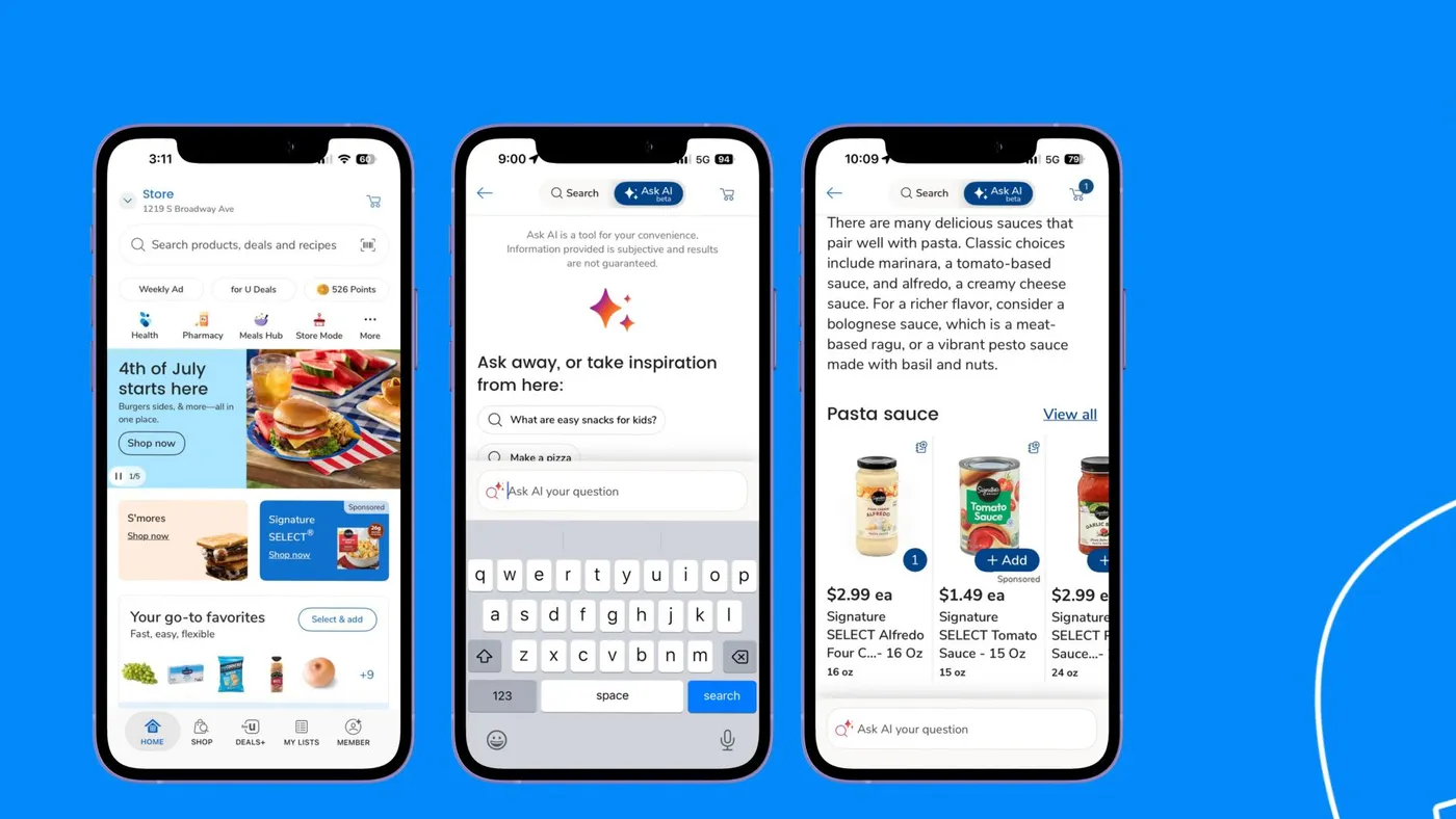 Three smart phones showing steps of Albertsons AI-search tool with new sponsored content