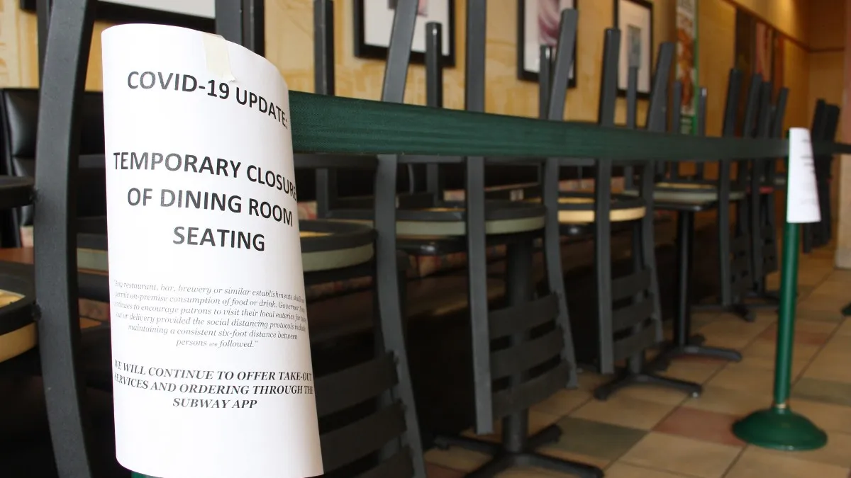 A Subway restaurant closed its dine-in seating during the novel coronavirus pandemic of 2020