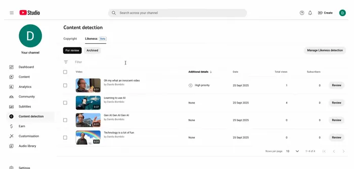 YouTube likeness detection