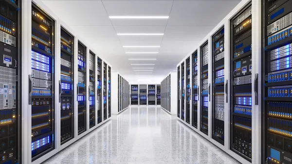 White storage and processing unit, large AI processing server room, data center storage and network processing room, SSD and hard disk drive storage, and processor cooling system,3D rendering - stock photo