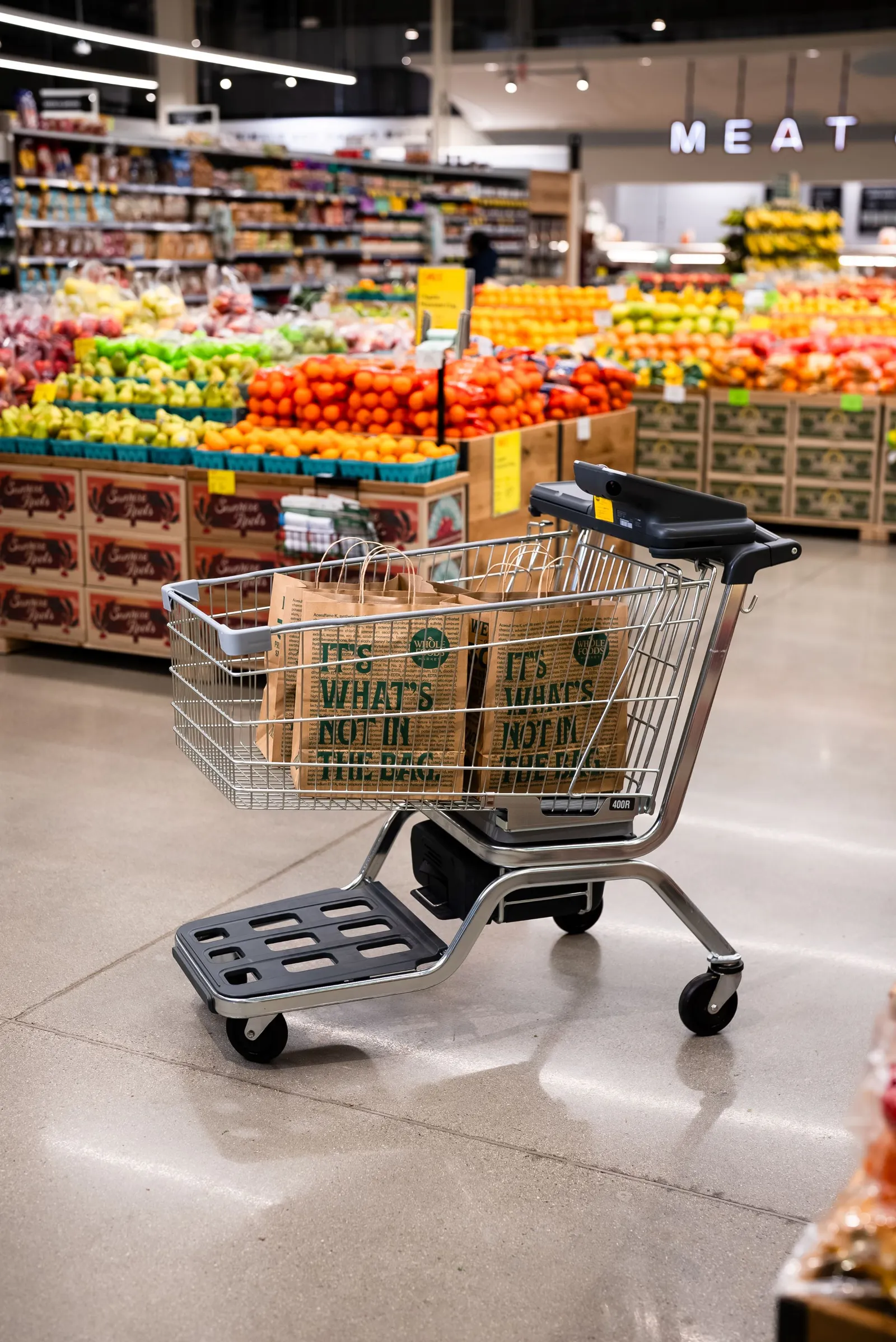 A smart cart in a grocery store.