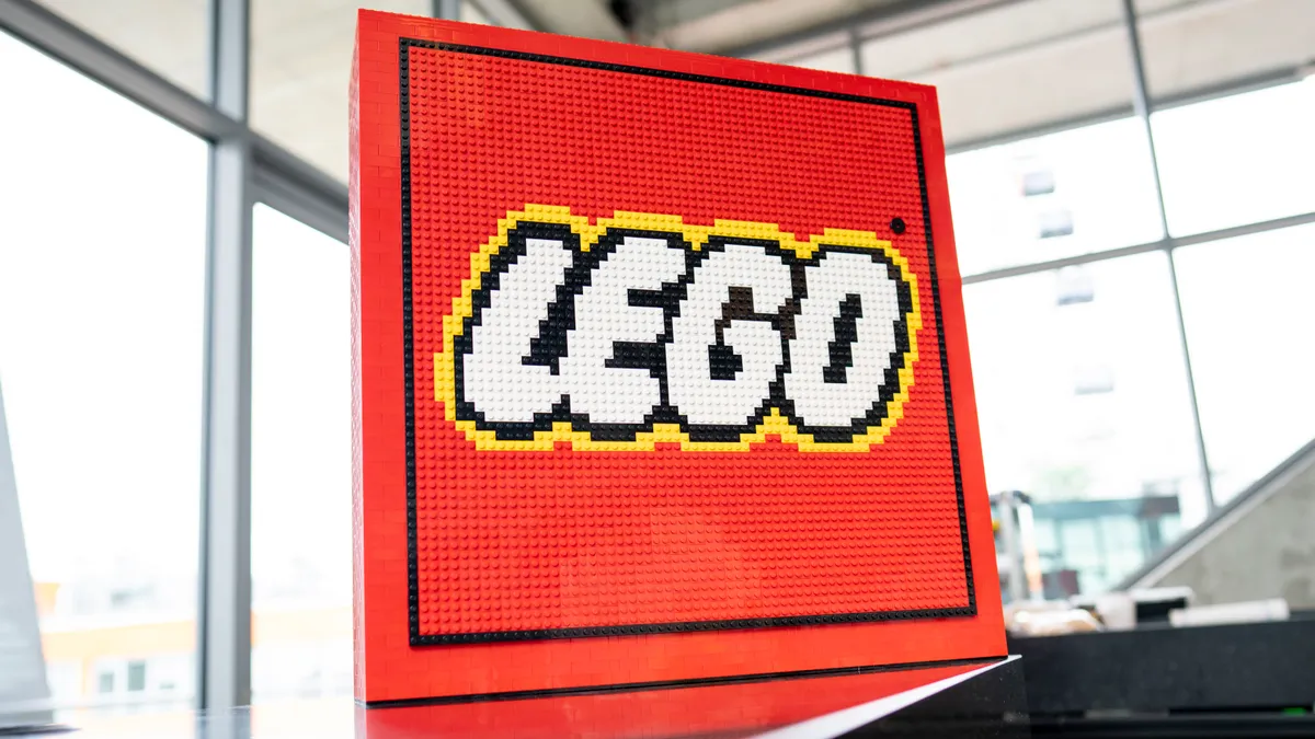 Lego logo made out of Lego blocks.