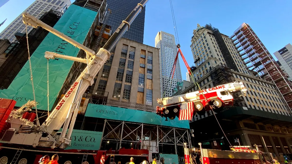 McLaren Engineering used a 500-ton crane to place a 130-ton crane seven stories high atop Tiffany & Co.