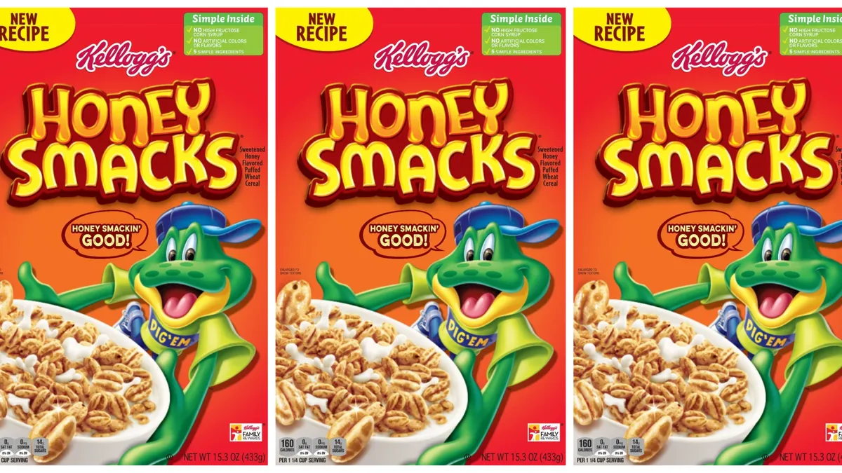 Three boxes of Kellogg's Honey Smacks cereal from 2018