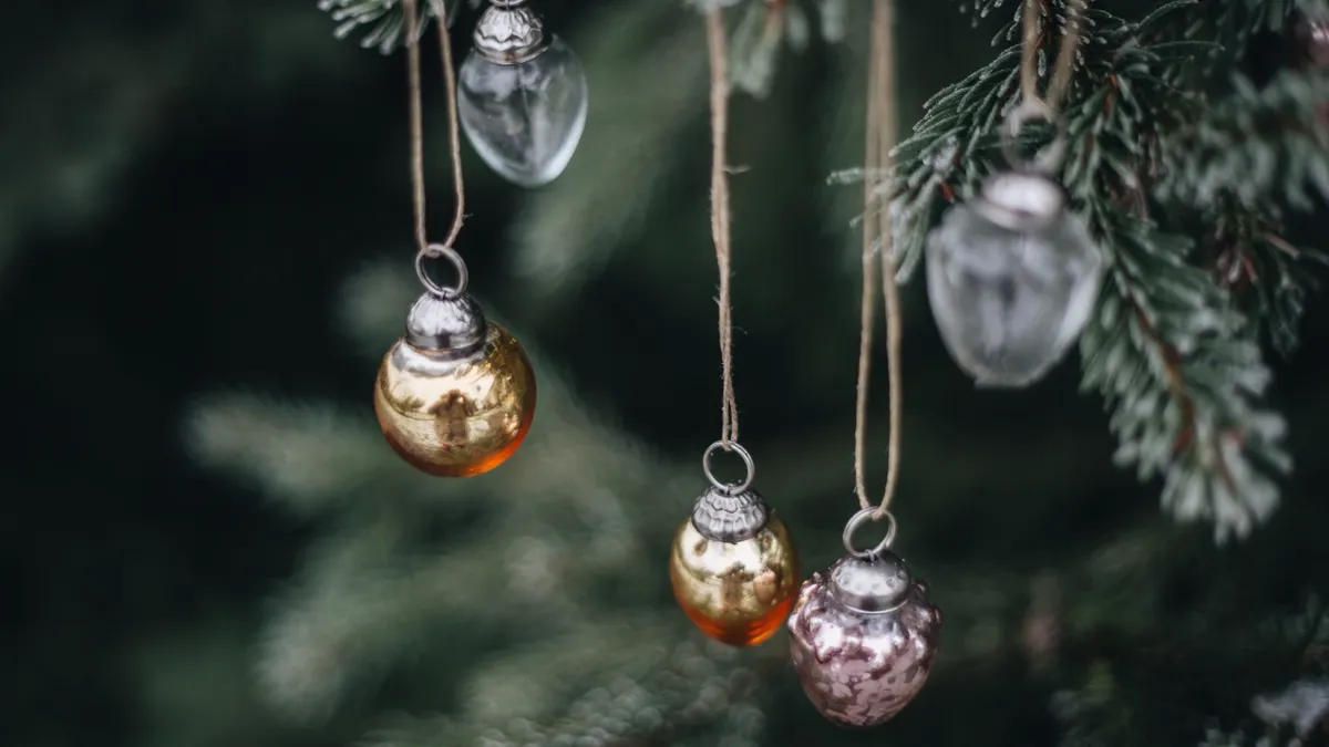 Holiday ornaments on a Christmas tree.