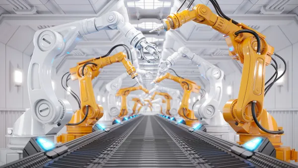 Robotic arm and conveyor in a futuristic assembly manufacturing factory.