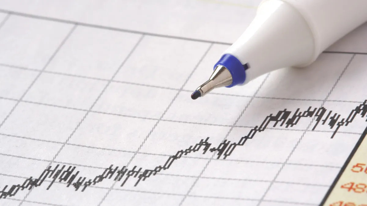 Close up shot of pen on a graph that shows steady rise across the x axis over time.