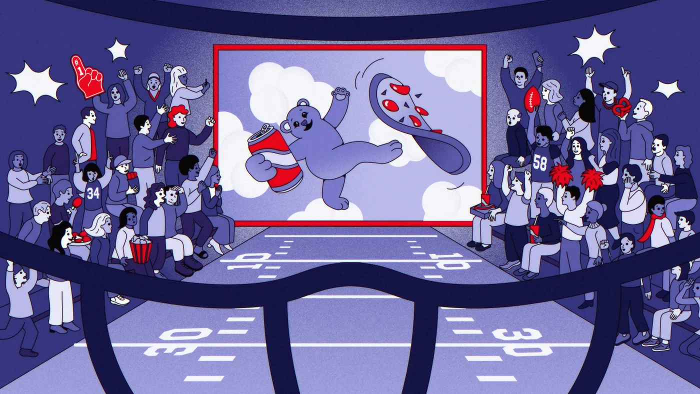 Illustration of a crowded football stadium where fans on both sides cheer toward a giant central screen showing a cartoon bear floating in clouds, holding a soda and kicking a football. The scene uses a purple and red color palette, with yard lines on the field and enthusiastic spectators raising foam fingers, snacks, and pom-poms.