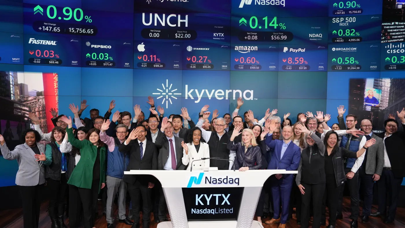 A photo of Kyverna Therapeutics the day of its initial public offering on the Nasdaq stock exchange.