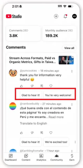 YouTube reply suggestions