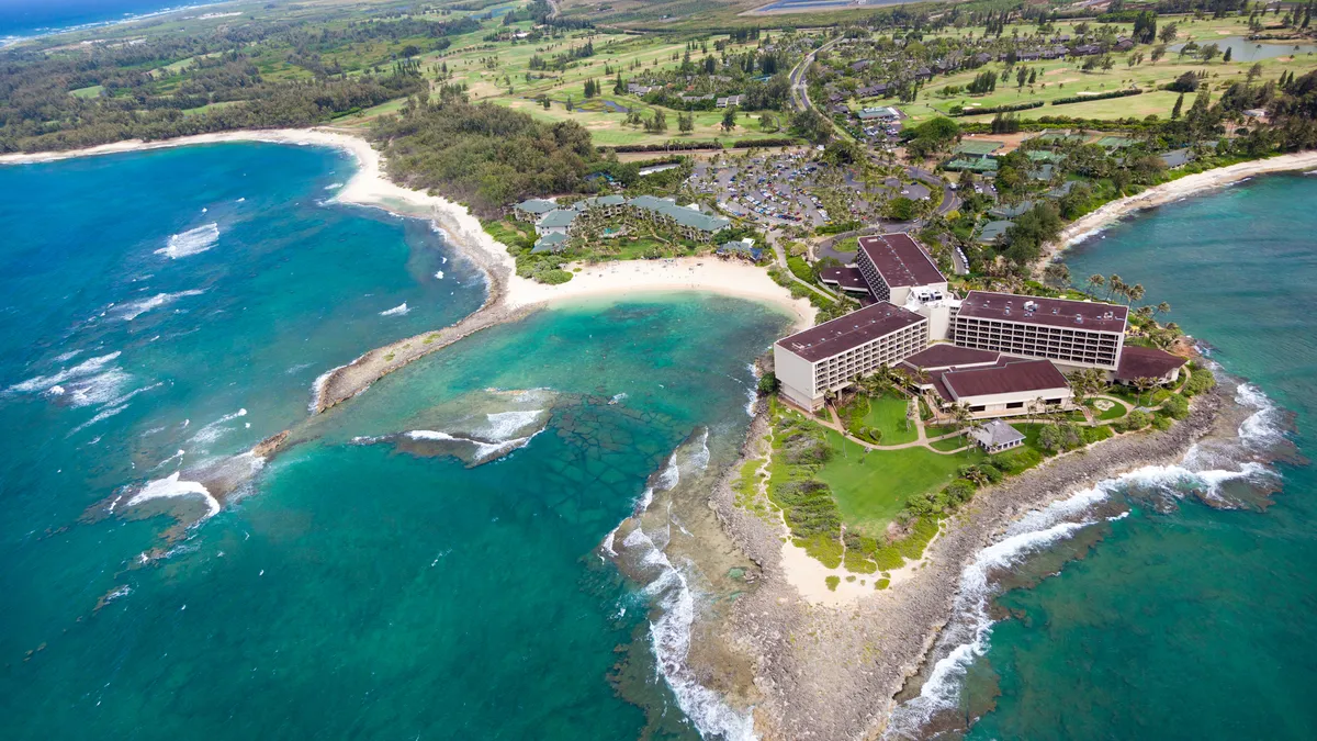 Aerial photo of a resort along the Oahu coast.