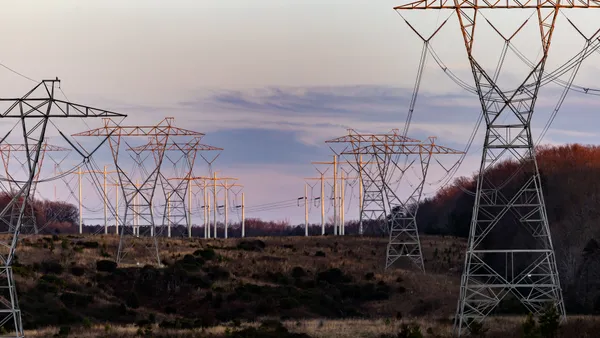 Rows of electric power lines run through a wooded area.